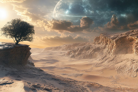 A vast desert stretches under a colorful sky adorned with dramatic clouds at dusk.の写真素材