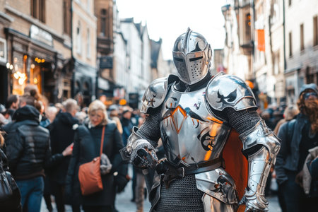 A knight in armor stands confidently among a bustling crowd in a vibrant street during a festive event.の写真素材