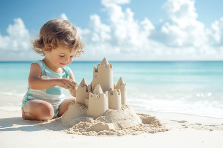 Young child focuses on creating a detailed sandcastle on the warm sandy shore under a clear blue sky.の写真素材