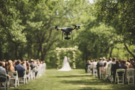 A drone hovers above a wedding ceremony with a bride and groom amidst guests in a serene, green environment.の写真素材