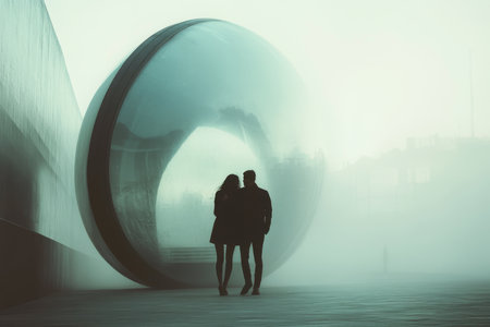 Two figures embrace, silhouetted against a large, modern sculpture amidst fog during twilight.の写真素材