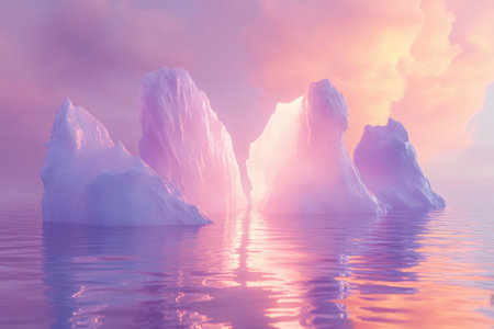 Large icebergs emerge from a tranquil ocean, bathed in pastel hues as the sun sets on the horizon.の写真素材
