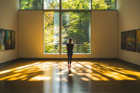 A person quietly stands in an art gallery with colorful paintings and sunlight streaming in.の写真素材