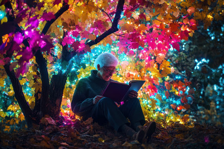 An elderly individual enjoys a book while sitting under a tree adorned with colorful autumn foliage and lights.の写真素材