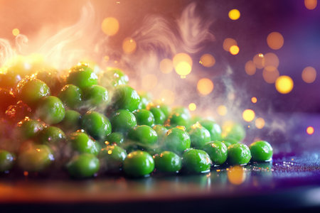 Fresh green peas are steaming with spices, creating an inviting and flavorful aroma in a lively kitchen.の写真素材