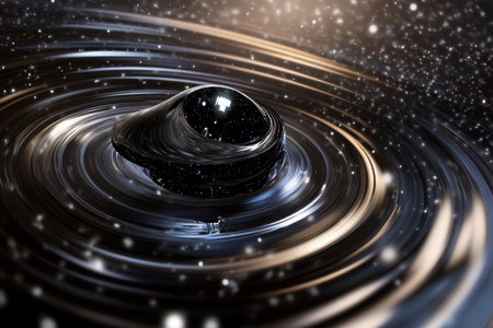 A black hole at the center creates ripples in space, surrounded by sparkling cosmic particles and waves.の写真素材