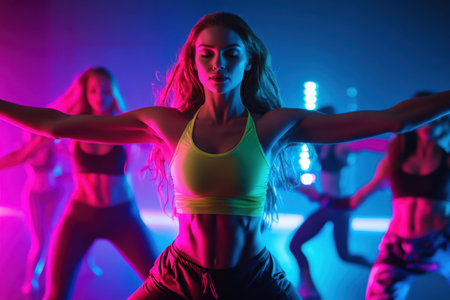A dancer leads a group in a lively dance class, illuminated by colorful neon lights in the background.の写真素材