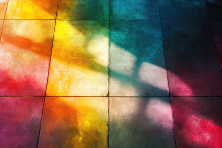 Bright colors blend beautifully on a textured concrete floor, illuminated by natural sunlight creating a vibrant effect.の写真素材