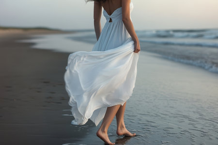 A woman in a white dress strolls barefoot along the wet sand, enjoying the calming waves at sunset.の写真素材