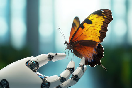 A robotic hand carefully interacts with a vibrant butterfly, showing the blend of nature and technology.の写真素材