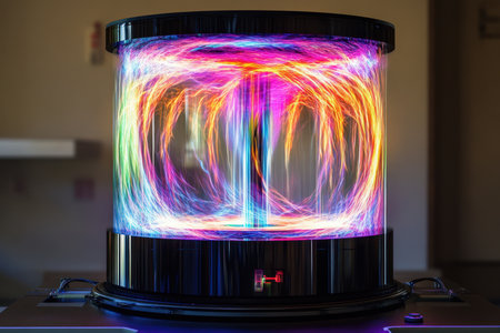 A vibrant plasma sphere generates colorful electric arcs in a science exhibit, captivating onlookers.の写真素材