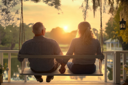 Two people sit on a porch swing, holding hands, watching the sunset over a tranquil waterway in the evening.の写真素材