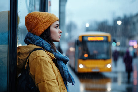A young person stands at a bus stop in rainy weather, gazing into the distance as a bus approaches.の写真素材