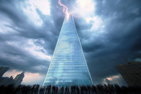 Dramatic storm clouds gather as lightning hits the apex of a tall glass skyscraper, lighting up the scene.の写真素材