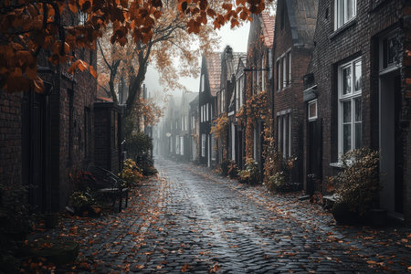 A quiet cobblestone street is framed by charming homes adorned with colorful autumn leaves.の写真素材