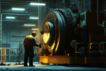 A worker in a safety helmet inspects massive machinery in a dimly lit factory during evening hours.の写真素材