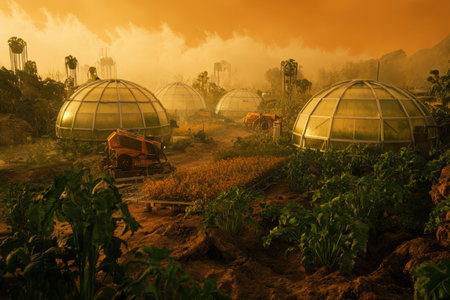 Greenhouses are seen under an orange sky while machinery tends to a field of crops nearby.の写真素材