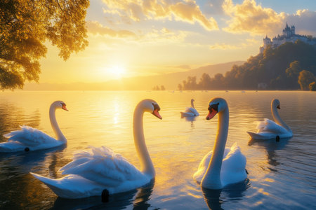Swans peacefully swim in calm water as the sun sets behind a distant castle, creating a serene atmosphere.の写真素材
