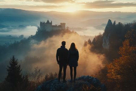 A couple enjoys a breathtaking sunset view of a distant castle surrounded by misty mountains and forests.の写真素材