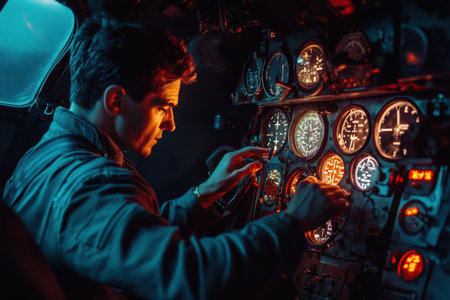 A pilot adjusts controls and monitors gauges in the cockpit as night envelops the aircraft.の写真素材