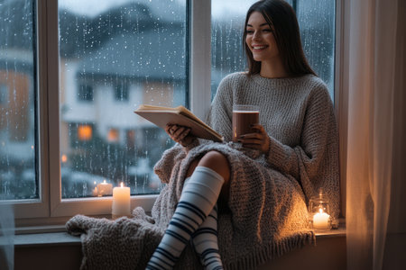 A woman enjoys reading next to a window, wrapped in a blanket, as rain falls softly outside.の写真素材