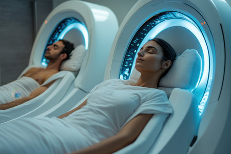 A couple enjoys a tranquil experience in advanced wellness pods, relaxing together in a soothing environment.の写真素材
