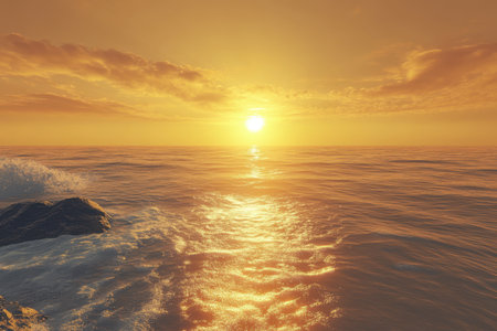 Warm hues fill the sky as the sun sets over the tranquil ocean, casting shimmering reflections on the water.の写真素材