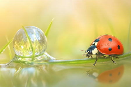 A ladybug crawls near a sparkling dewdrop on a green blade of grass during a serene morning.の写真素材