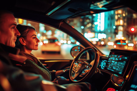 Two individuals enjoy an evening drive, illuminated by city lights and vibrant traffic around them.の写真素材