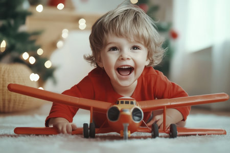 A young child with curly hair smiles widely while playing on the floor with a bright orange airplane toy.の写真素材