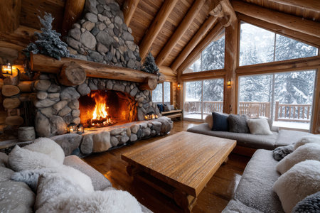 A warm living room features a stone fireplace and comfortable seating amidst a snowy forest backdrop.の素材