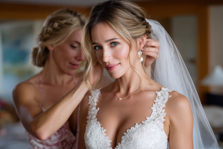 A bride is having her veil adjusted by a friend in a beautifully decorated room, moments before the ceremony.の素材