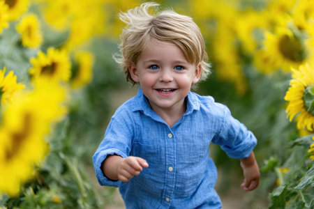 A cheerful young boy plays in a sunflower field, laughing and running among the tall flowers under a clear sky.の素材