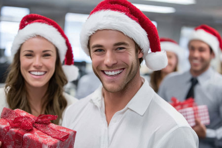 Colleagues enjoy a cheerful holiday gathering while wearing Santa hats and exchanging gifts in an office.の素材