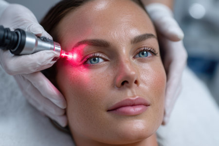 A woman undergoes a laser skin treatment in a professional clinic, targeting facial rejuvenation and glow.の素材