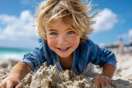 Child joyfully builds a sandcastle on the beach, enjoying the warm sun and sea breeze.の素材