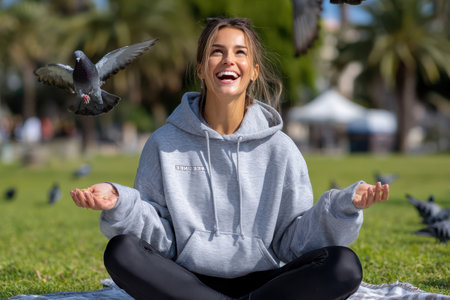 A cheerful woman sits cross-legged in a park, releasing birdseed as pigeons gather around her.の素材