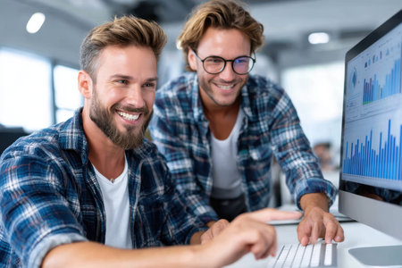 Two friends collaborate enthusiastically at a computer, analyzing data and sharing ideas during the afternoon.の素材