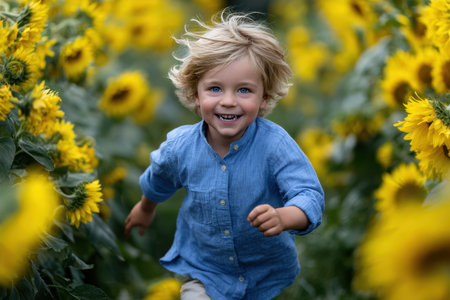 A young boy gleefully runs among tall sunflowers, enjoying the sunny weather and nature's beauty.の素材