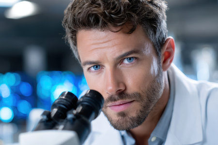 A focused research scientist analyzes samples through a microscope in a high-tech lab environment.の素材