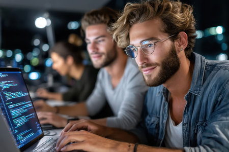 Young individuals work intensely on laptops, focusing on coding tasks in a vibrant office environment at night.の素材