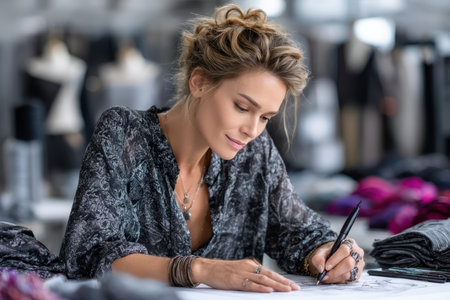 A fashion designer sits at a workspace, sketching her ideas with precision, surrounded by colorful textiles.の素材