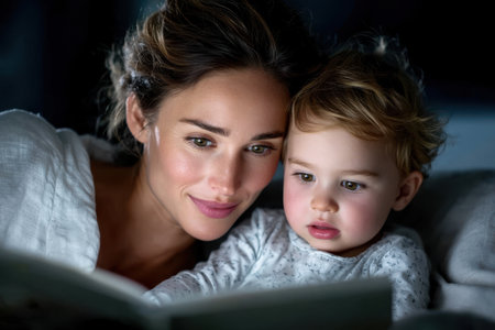 A young mother and her child enjoy reading a book together in a cozy home atmosphere during dusk.の素材