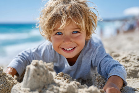 Young boy with blonde hair and blue eyes smiles widely as he plays in warm sand by the ocean.の素材