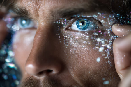 A man gazes at the colorful patterns in his vivid blue eyes, reflecting his creativity and imagination.の素材