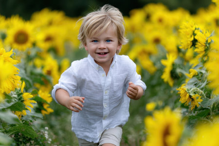 A young child with blonde hair smiles while running through vibrant sunflowers on a clear, sunny afternoon.の素材