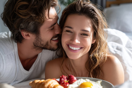 Two people share a joyful moment enjoying a delicious breakfast together in bed, surrounded by light.の素材
