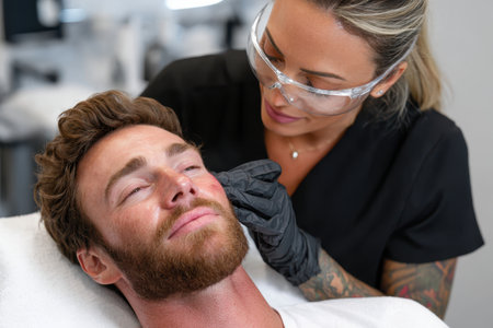 A skilled practitioner performs a facial treatment on a male client in a professional skincare clinic.の素材
