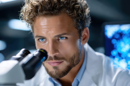 A focused scientist analyzes microscopic samples under a microscope while seeking insights in a lab.の素材