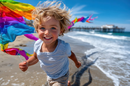 Child with curly hair runs on the beach, laughing and holding colorful kites under clear blue skies.の素材